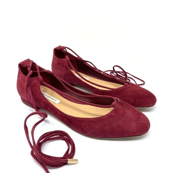 Diane Von Furstenberg Paris Lace Up Suede Ballet Flats In Maroon Wine Size 8.5 - Picture 1 of 5